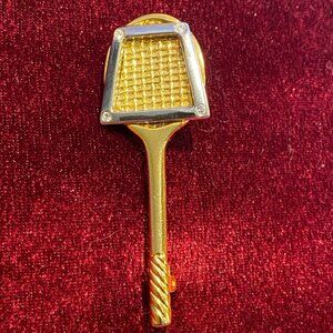 Vintage Tennis Racket Brooch Signed “Le” Gold Tone